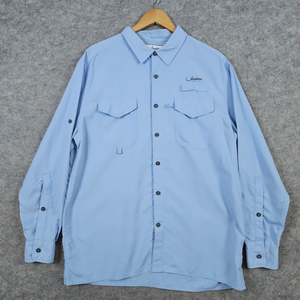 Jawbone Tackle Co Fishing Shirt Size‎ LG Light Blue Caped Long Sleeves SPOTS